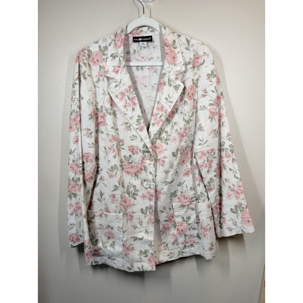 Sag Harbor Blazer Womens Size 12  Linen Blend 2-Button Jacket Floral VTG